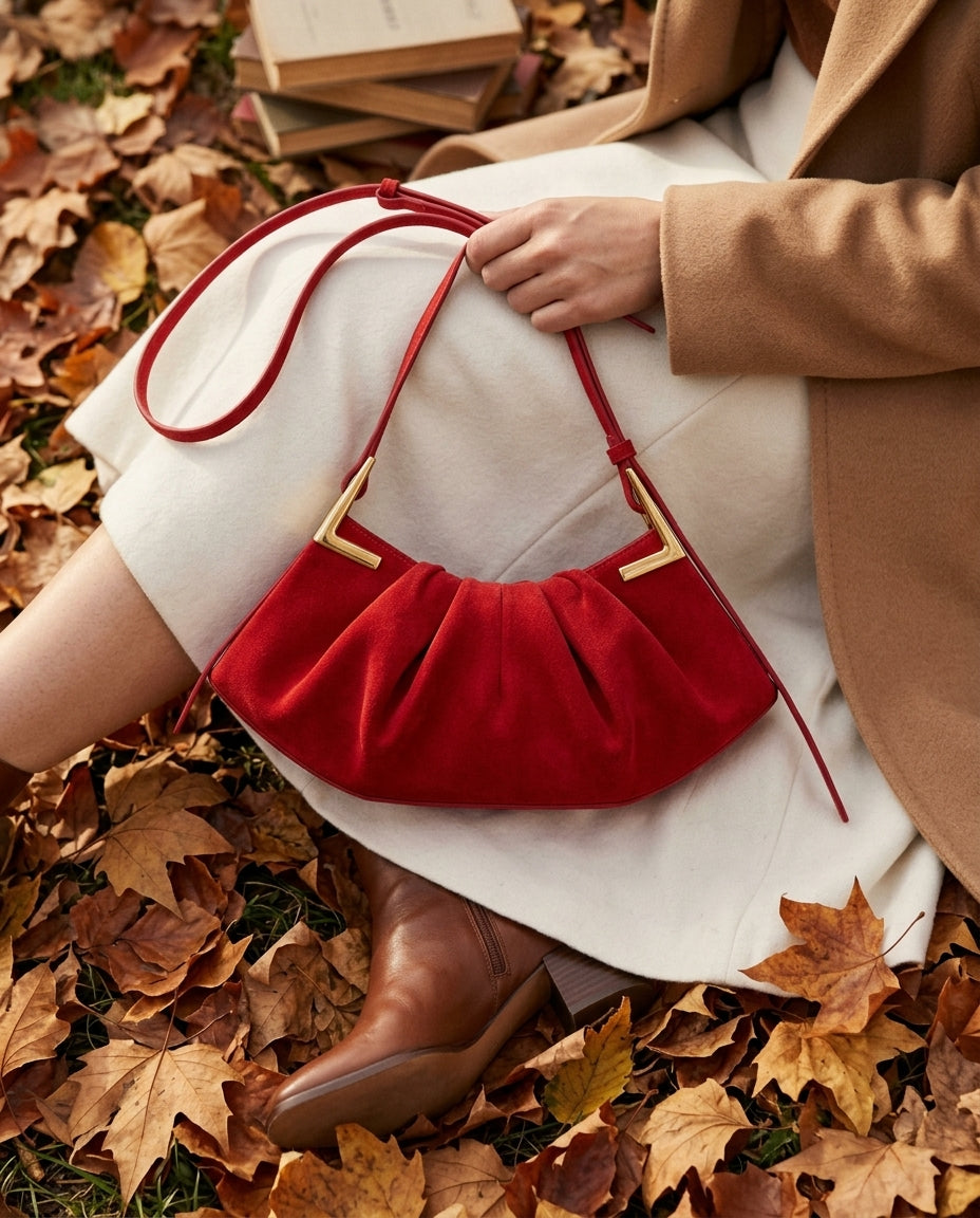 Genna Faux Suede Pleated Shoulder Bag