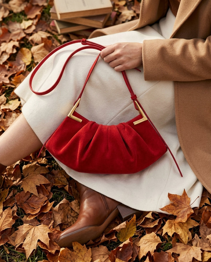 Genna Faux Suede Pleated Shoulder Bag