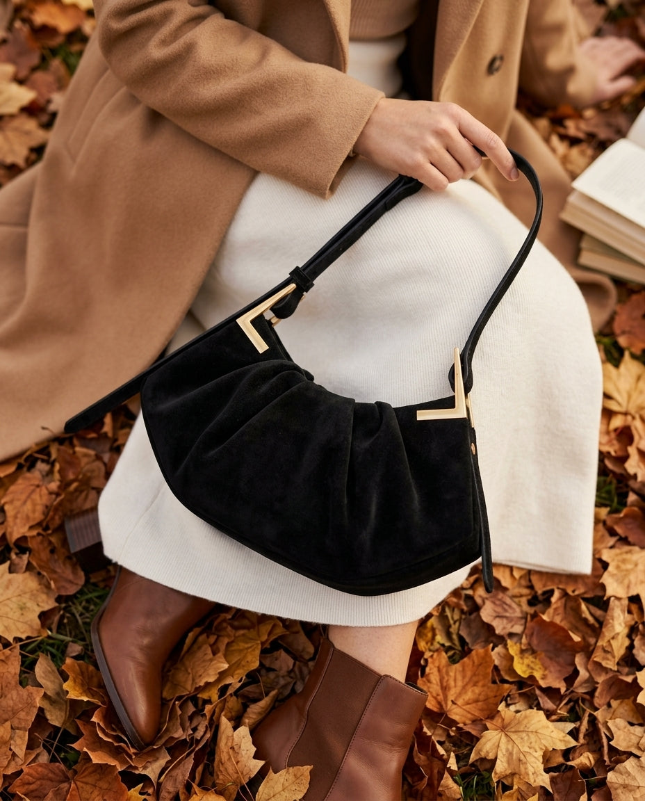 Genna Faux Suede Pleated Shoulder Bag